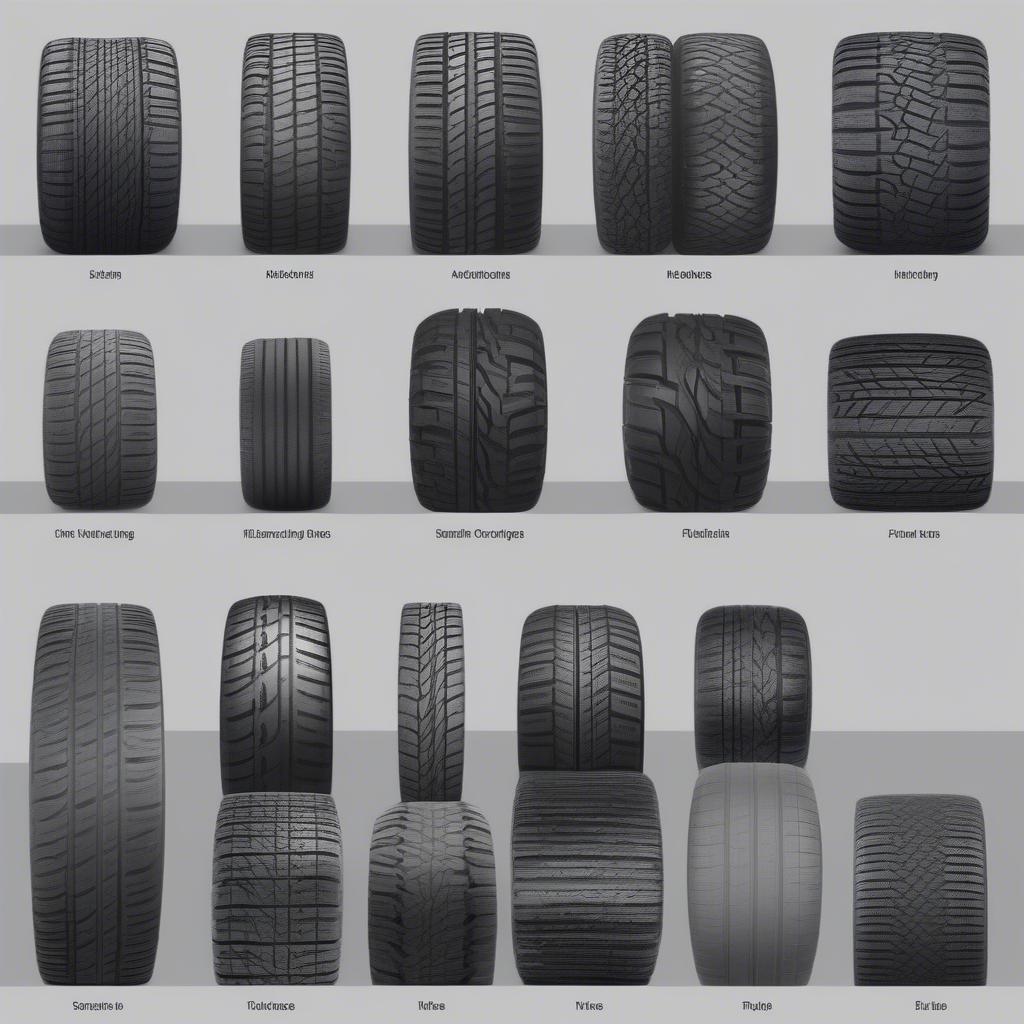 Lựa chọn lốp xe phù hợp với terrain: hình ảnh minh họa các loại lốp xe khác nhau cho từng loại địa hình